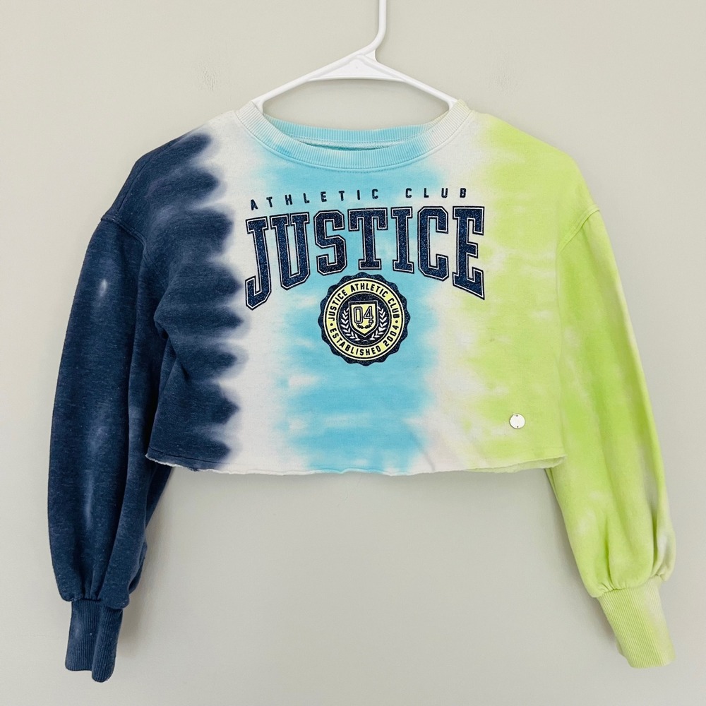 Justice Athletic Club Girl Tie Dye Cropped Sweatshirt Blue Green Glitter Logo XS